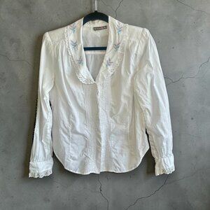 Outback Red Vintage White Floral Embroidered Collar Cottagecore Blouse Medium